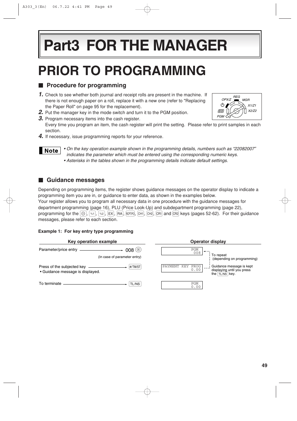 Part3 for the manager, Prior to programming | Sharp XE-A303 User Manual | Page 51 / 104