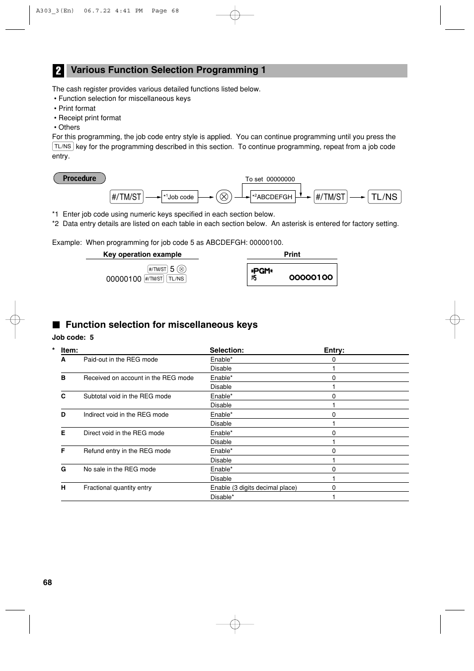 Function selection for miscellaneous keys, Various function selection programming 1 | Sharp XE-A303 User Manual | Page 70 / 104