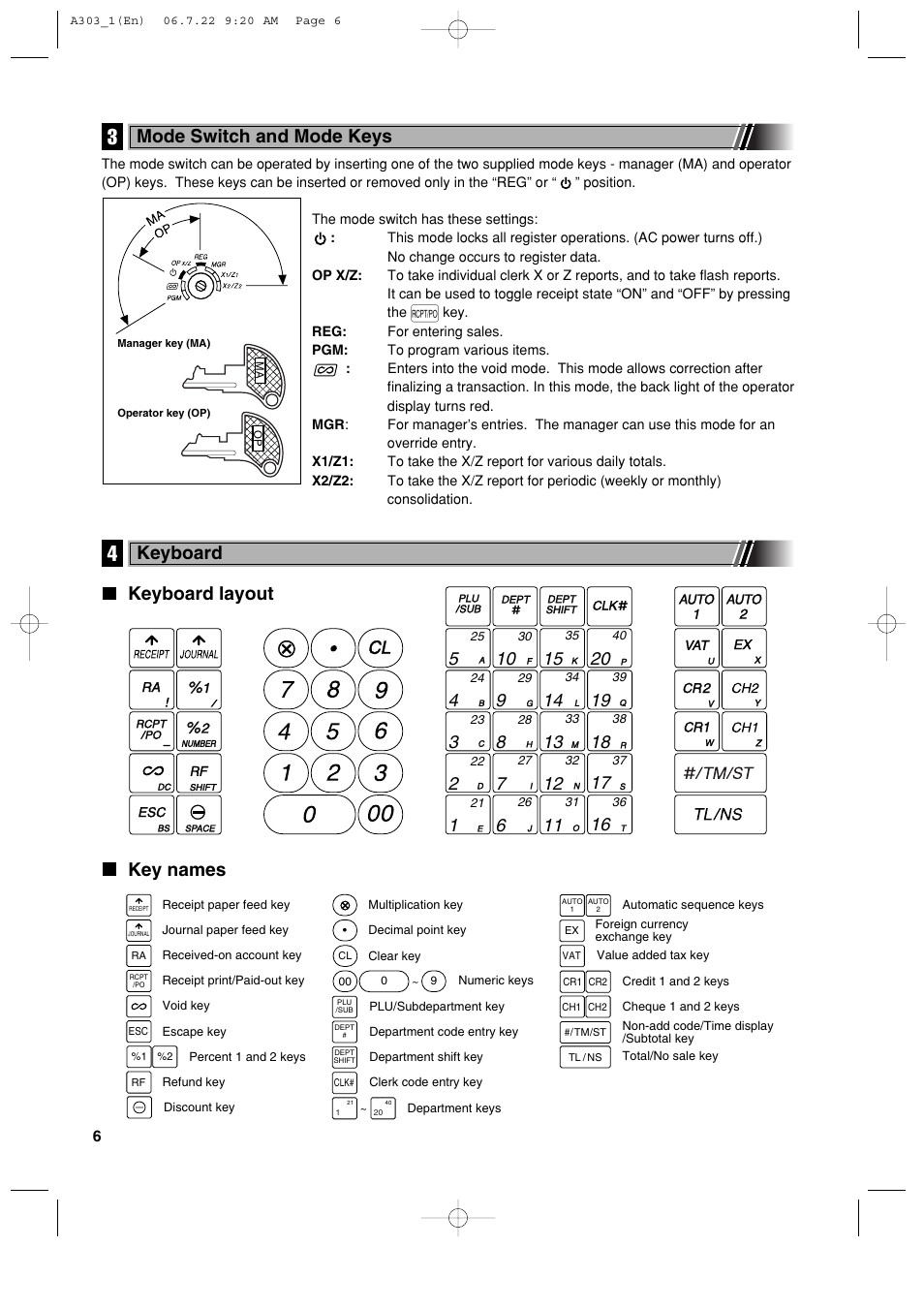 Keyboard layout key names, Mode switch and mode keys, Keyboard | Sharp XE-A303 User Manual | Page 8 / 104