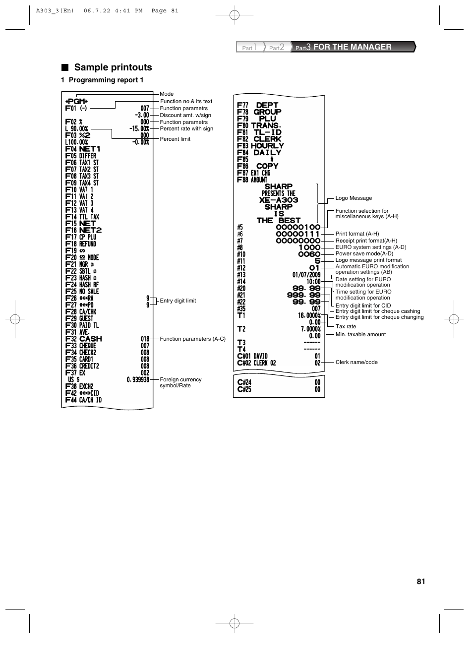 Sample printouts, For the manager | Sharp XE-A303 User Manual | Page 83 / 104