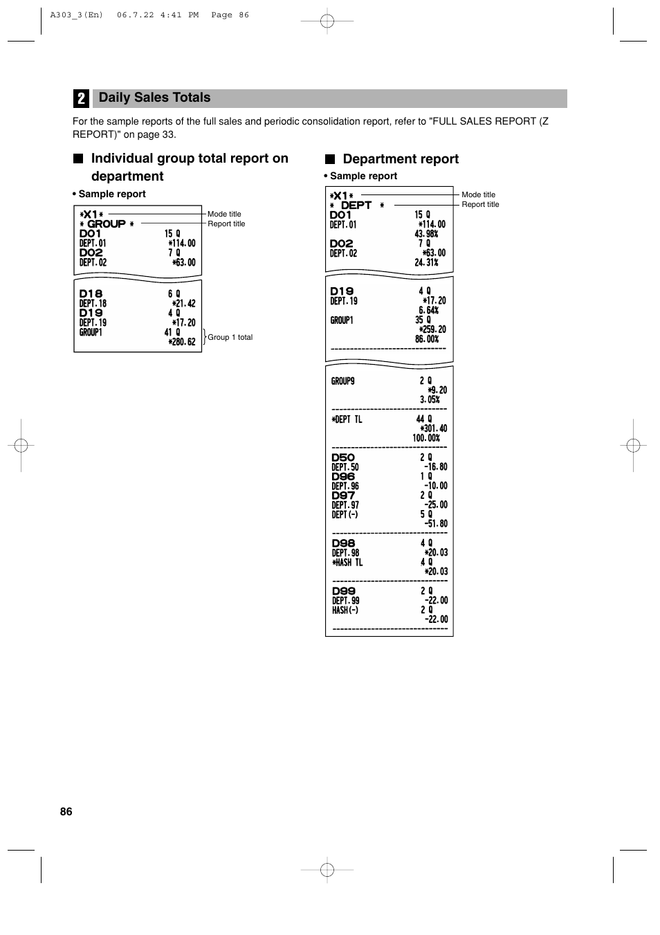 Daily sales totals, Department report, Individual group total report on department | Sharp XE-A303 User Manual | Page 88 / 104