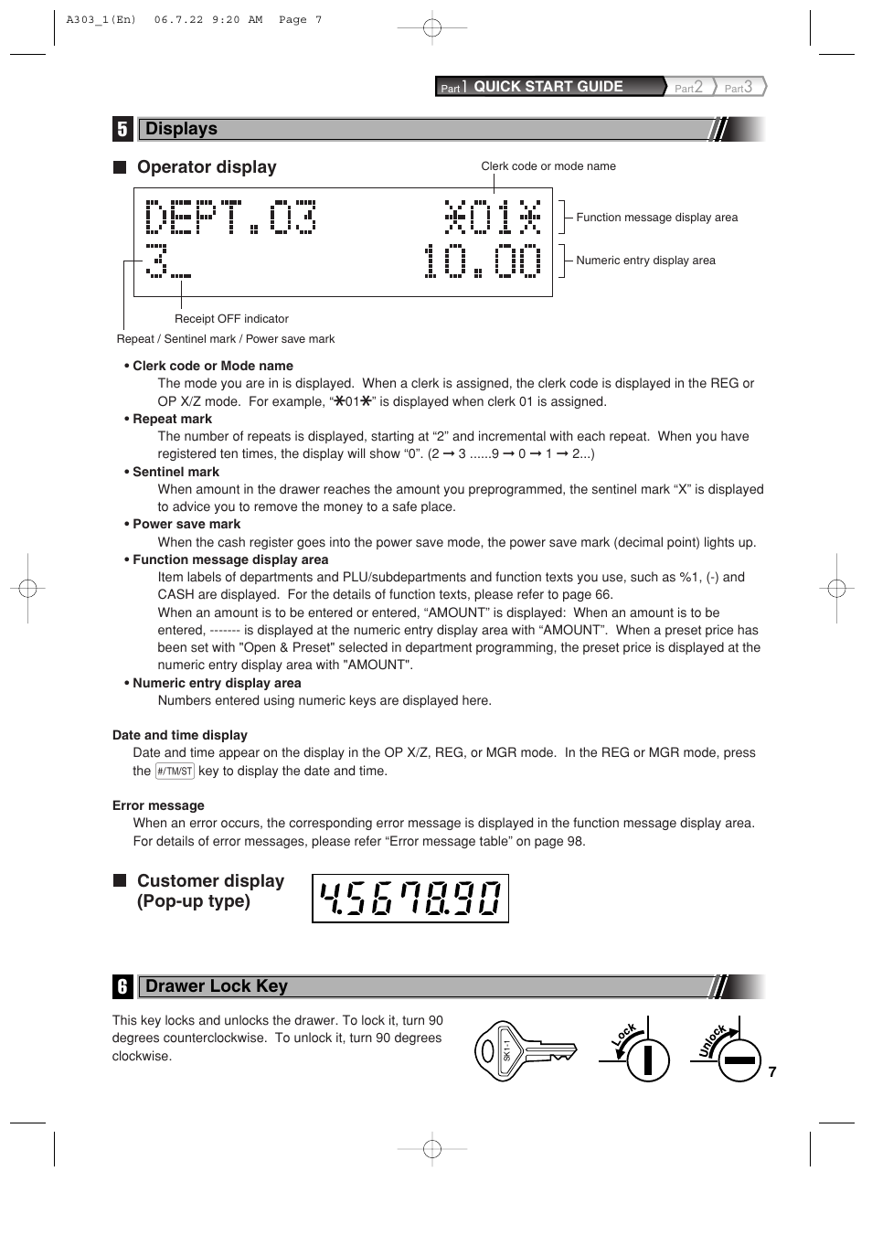 Operator display, Customer display (pop-up type), Displays | Drawer lock key | Sharp XE-A303 User Manual | Page 9 / 104