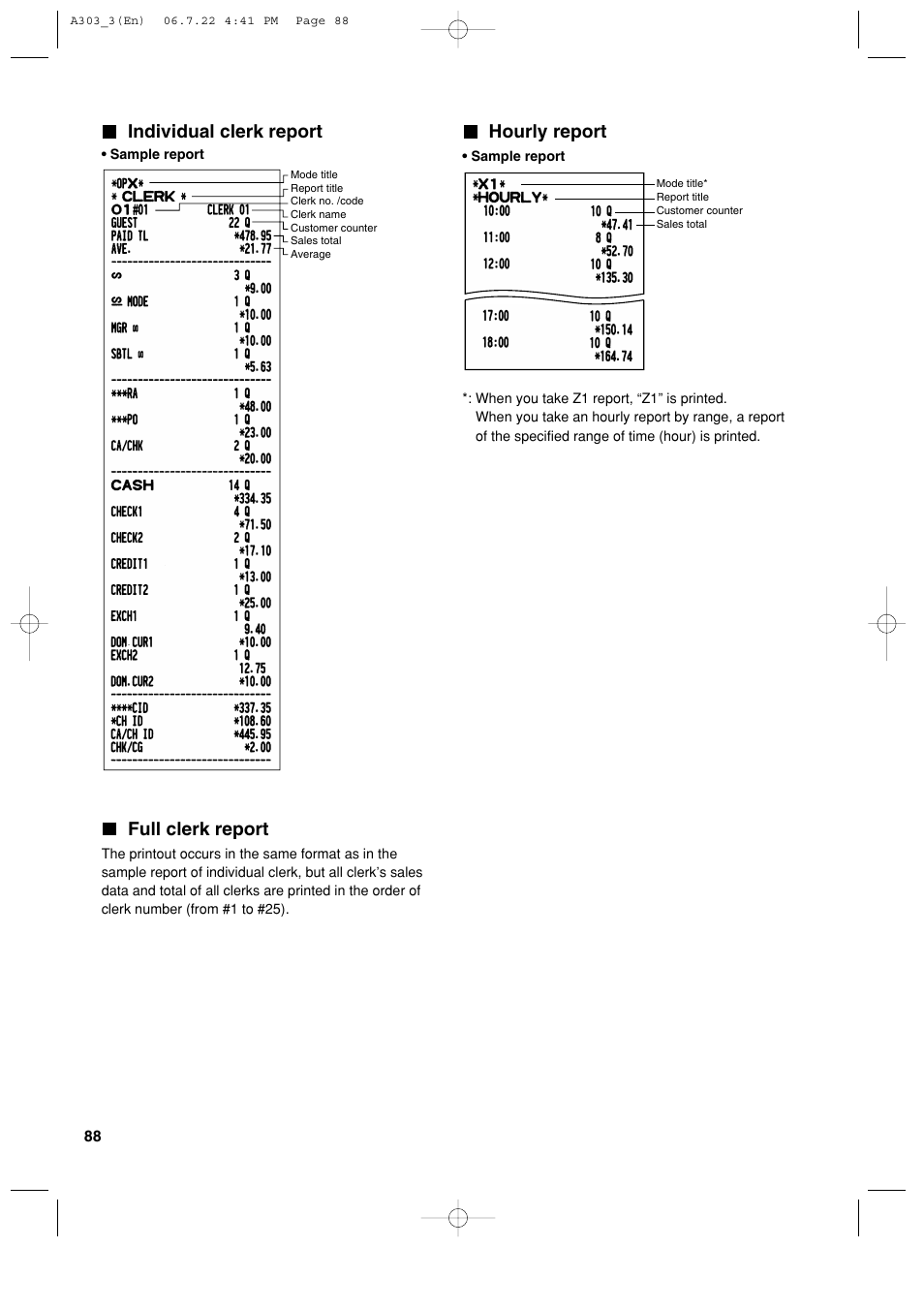 Individual clerk report, Full clerk report, Hourly report | Sharp XE-A303 User Manual | Page 90 / 104