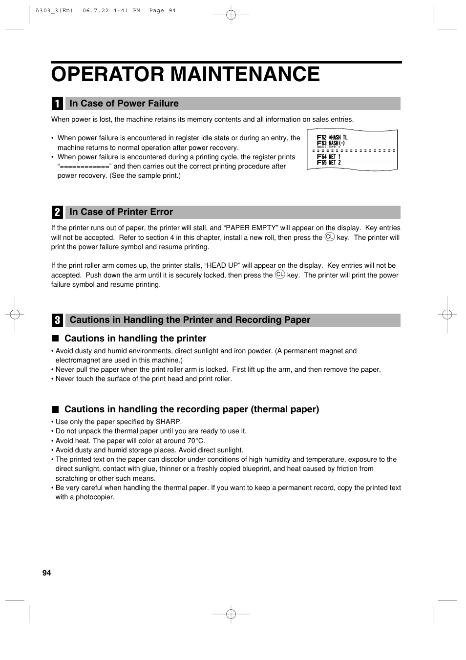 Operator maintenance | Sharp XE-A303 User Manual | Page 96 / 104