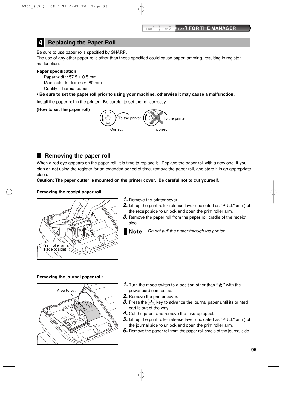 Removing the paper roll, Replacing the paper roll | Sharp XE-A303 User Manual | Page 97 / 104