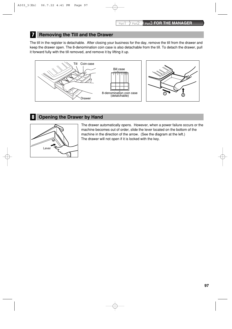 Opening the drawer by hand, Removing the till and the drawer | Sharp XE-A303 User Manual | Page 99 / 104