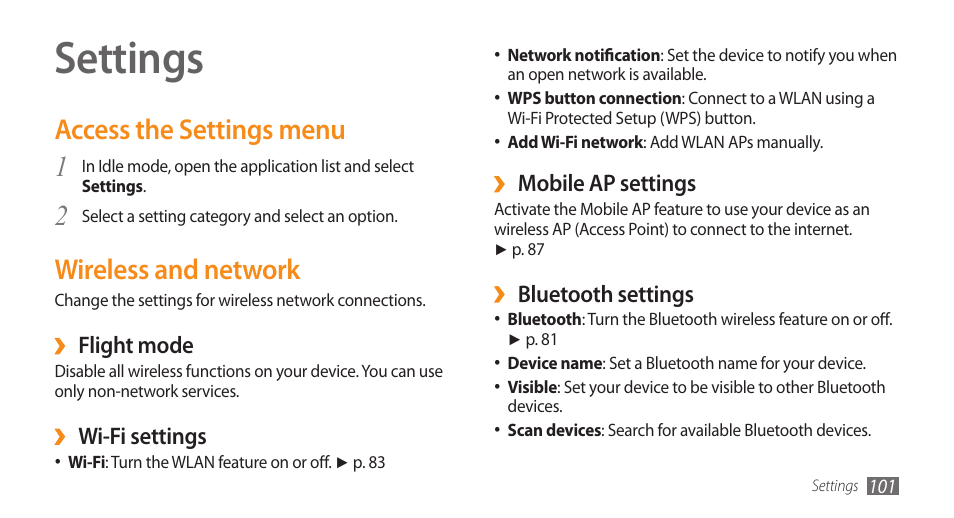 Settings, Access the settings menu, 2wireless and network | Samsung GALAXY S GT-I9000 User Manual | Page 101 / 132