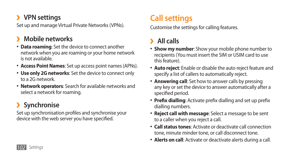 Call settings, All calls, Vpn settings | Mobile networks, Synchronise | Samsung GALAXY S GT-I9000 User Manual | Page 102 / 132