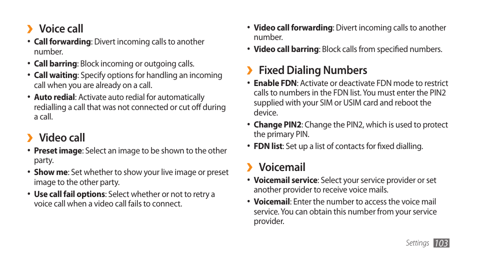 Fixed dialing numbers, Voicemail, Voice call | Video call | Samsung GALAXY S GT-I9000 User Manual | Page 103 / 132