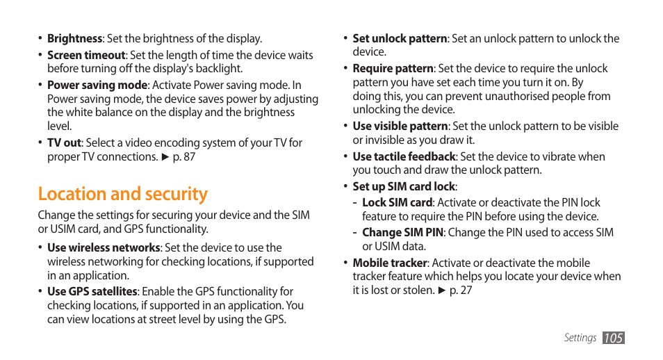 Location and security | Samsung GALAXY S GT-I9000 User Manual | Page 105 / 132