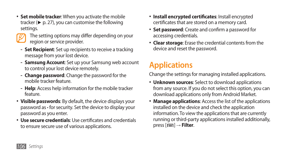 Applications | Samsung GALAXY S GT-I9000 User Manual | Page 106 / 132