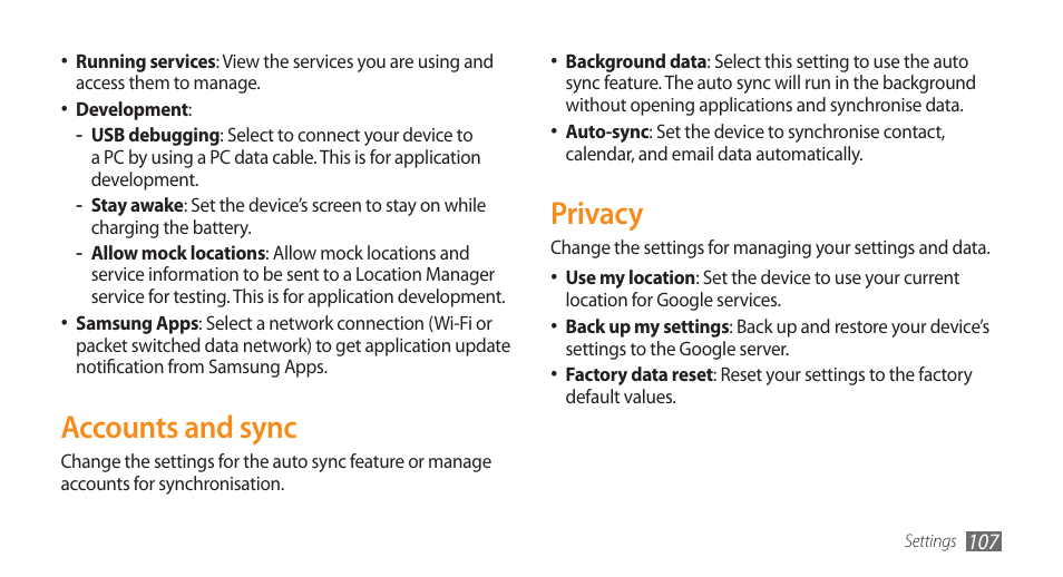 Privacy, Accounts and sync | Samsung GALAXY S GT-I9000 User Manual | Page 107 / 132