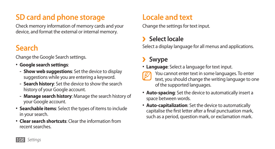 Locale and text, Sd card and phone storage, Search | Select locale, Swype | Samsung GALAXY S GT-I9000 User Manual | Page 108 / 132