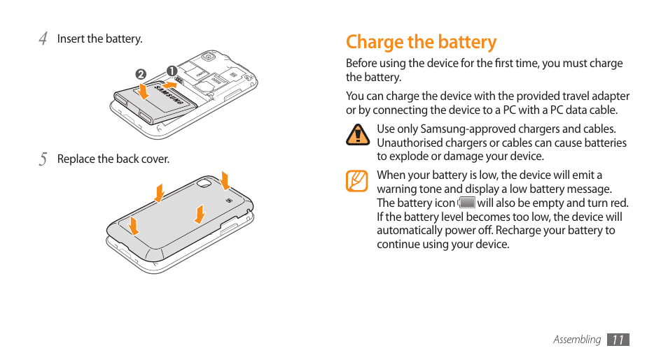 Charge the battery | Samsung GALAXY S GT-I9000 User Manual | Page 11 / 132