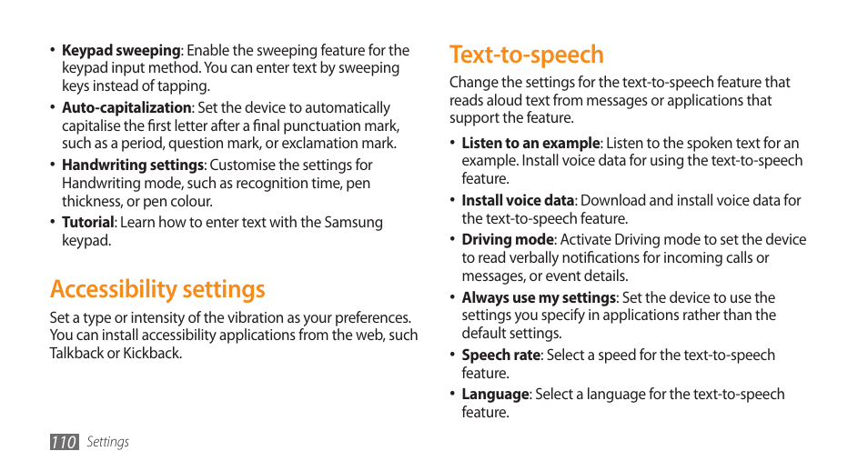 Text-to-speech, Accessibility settings | Samsung GALAXY S GT-I9000 User Manual | Page 110 / 132