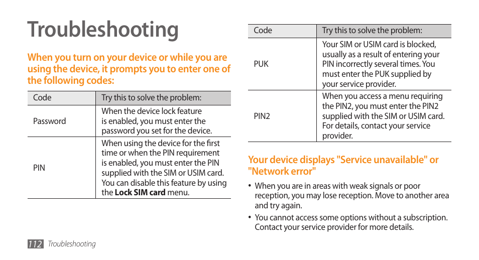Troubleshooting | Samsung GALAXY S GT-I9000 User Manual | Page 112 / 132