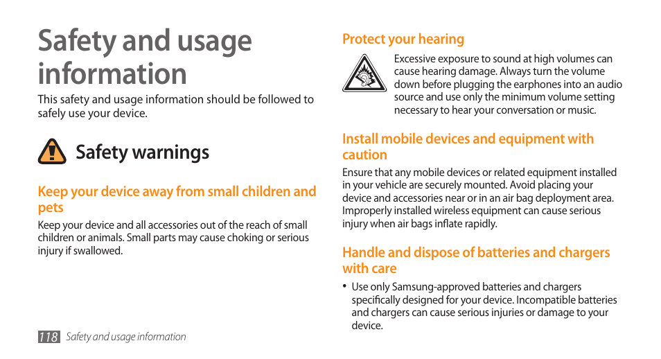 Safety and usage information, Safety warnings | Samsung GALAXY S GT-I9000 User Manual | Page 118 / 132