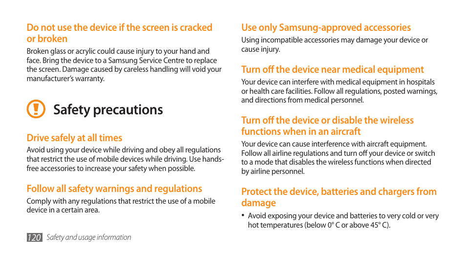 Safety precautions | Samsung GALAXY S GT-I9000 User Manual | Page 120 / 132