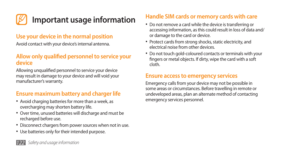 Important usage information | Samsung GALAXY S GT-I9000 User Manual | Page 122 / 132