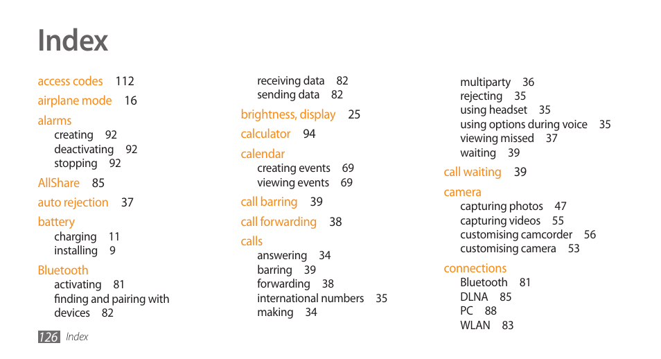 Index | Samsung GALAXY S GT-I9000 User Manual | Page 126 / 132