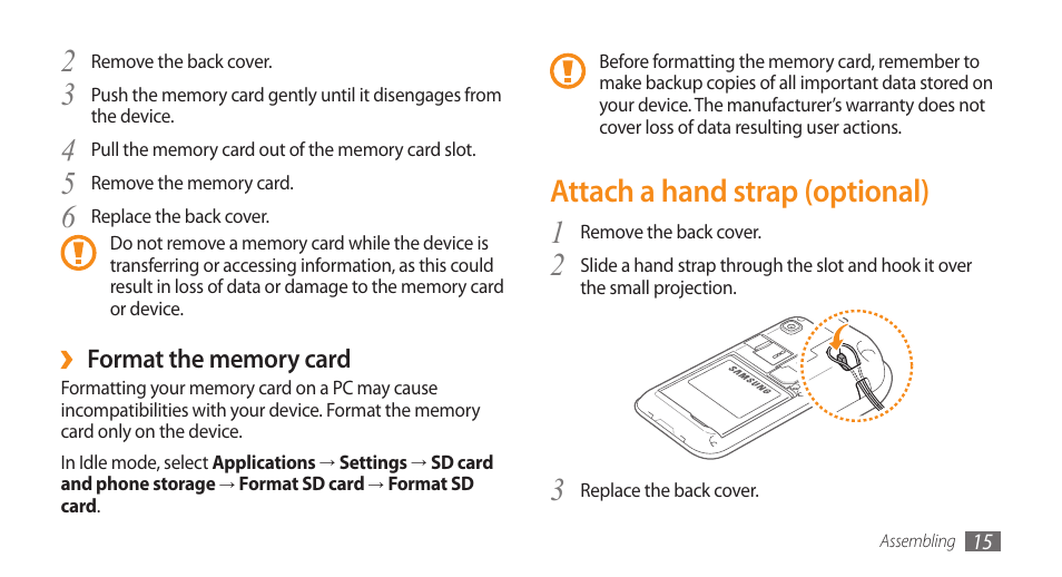 Attach a hand strap (optional) | Samsung GALAXY S GT-I9000 User Manual | Page 15 / 132