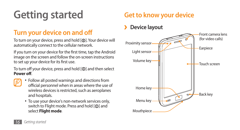 Getting started, Turn your device on and off, Get to know your device | Device layout | Samsung GALAXY S GT-I9000 User Manual | Page 16 / 132