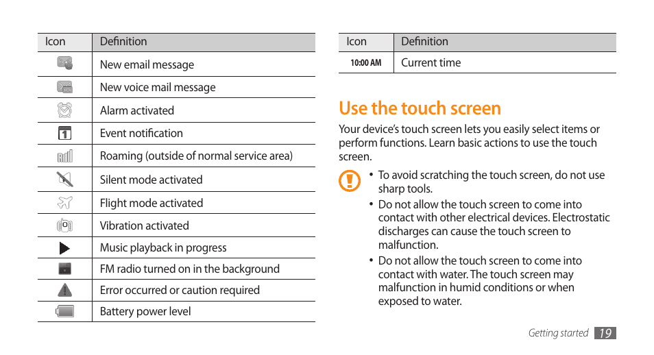 Use the touch screen | Samsung GALAXY S GT-I9000 User Manual | Page 19 / 132