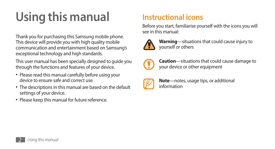 Using this manual, Instructional icons | Samsung GALAXY S GT-I9000 User Manual | Page 2 / 132