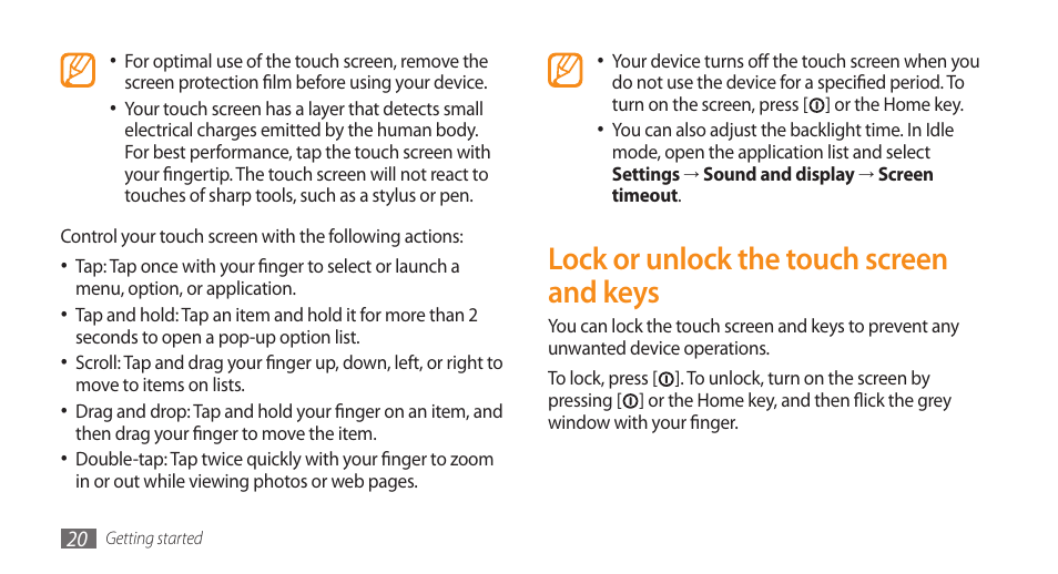 Lock or unlock the touch screen and keys | Samsung GALAXY S GT-I9000 User Manual | Page 20 / 132