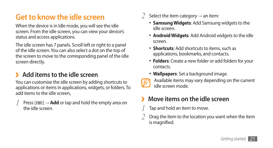 Get to know the idle screen, Move items on the idle screen, Add items to the idle screen | Samsung GALAXY S GT-I9000 User Manual | Page 21 / 132