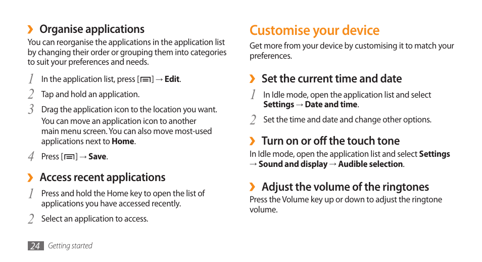 Customise your device | Samsung GALAXY S GT-I9000 User Manual | Page 24 / 132