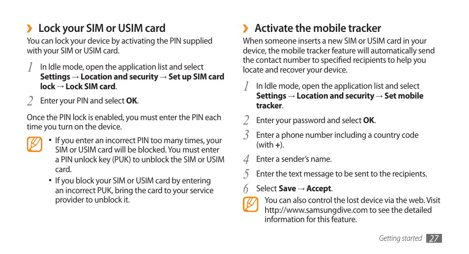 Activate the mobile tracker, Lock your sim or usim card | Samsung GALAXY S GT-I9000 User Manual | Page 27 / 132