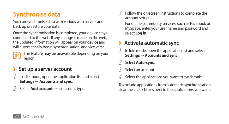 Synchronise data | Samsung GALAXY S GT-I9000 User Manual | Page 32 / 132