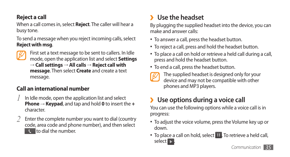 Use the headset, Use options during a voice call | Samsung GALAXY S GT-I9000 User Manual | Page 35 / 132