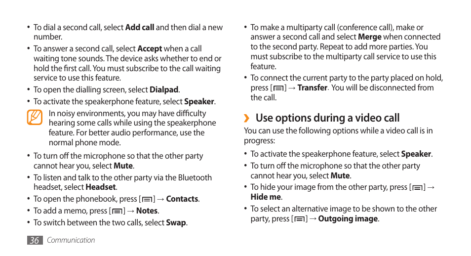 Use options during a video call | Samsung GALAXY S GT-I9000 User Manual | Page 36 / 132