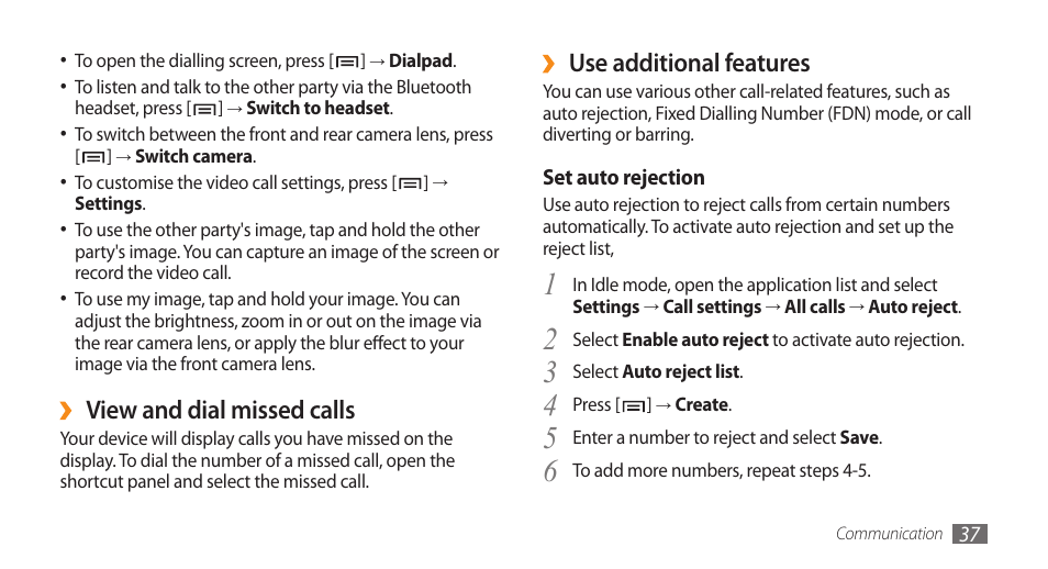 Use additional features, View and dial missed calls | Samsung GALAXY S GT-I9000 User Manual | Page 37 / 132