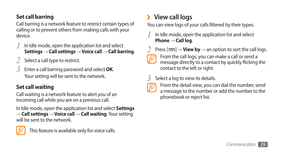 View call logs | Samsung GALAXY S GT-I9000 User Manual | Page 39 / 132