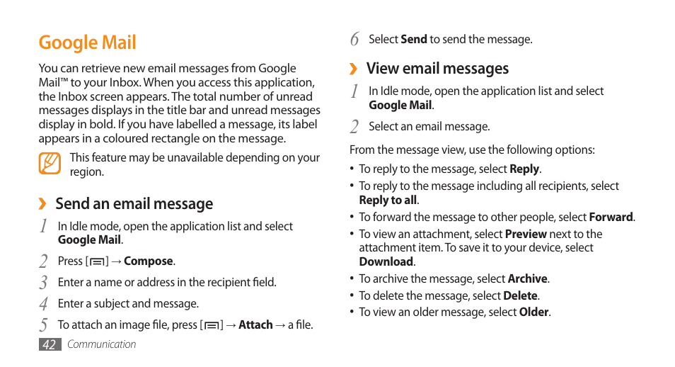 Google mail | Samsung GALAXY S GT-I9000 User Manual | Page 42 / 132