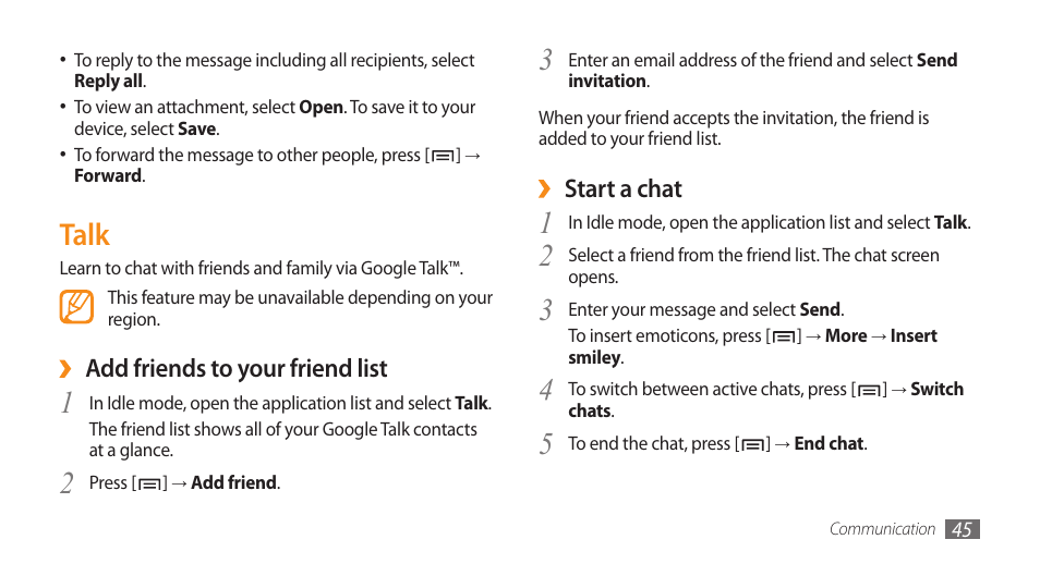 Talk | Samsung GALAXY S GT-I9000 User Manual | Page 45 / 132