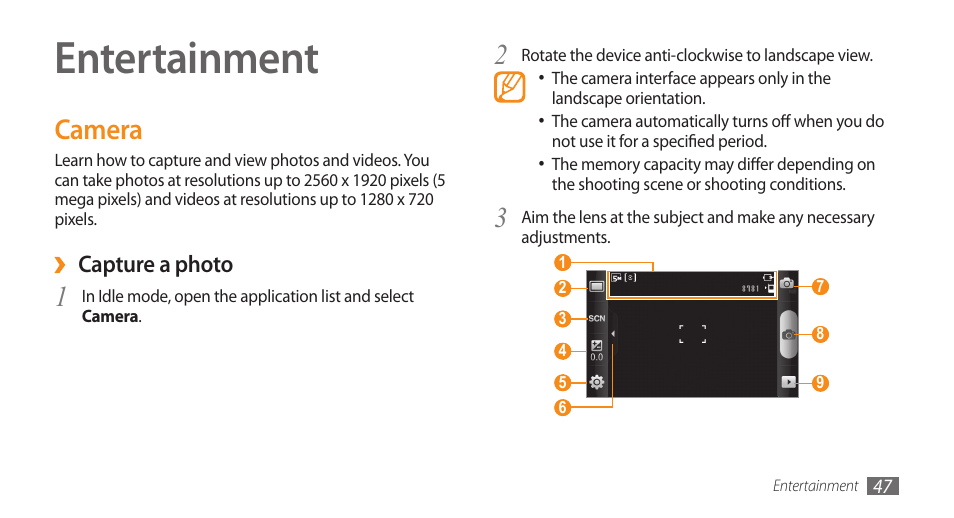 Entertainment, Camera | Samsung GALAXY S GT-I9000 User Manual | Page 47 / 132