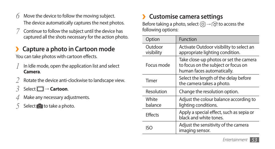 Customise camera settings, Capture a photo in cartoon mode | Samsung GALAXY S GT-I9000 User Manual | Page 53 / 132