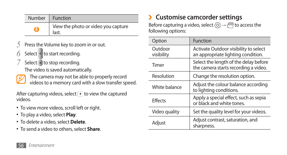 Customise camcorder settings | Samsung GALAXY S GT-I9000 User Manual | Page 56 / 132