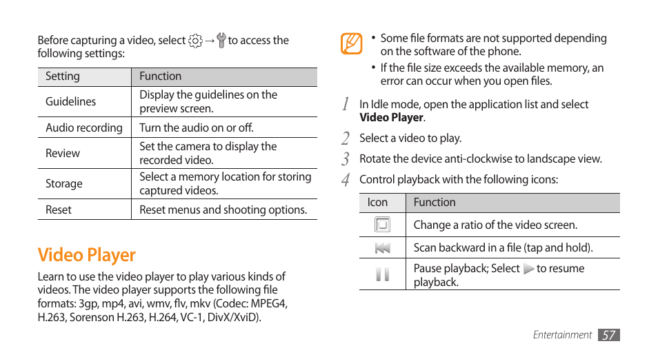 Video player | Samsung GALAXY S GT-I9000 User Manual | Page 57 / 132