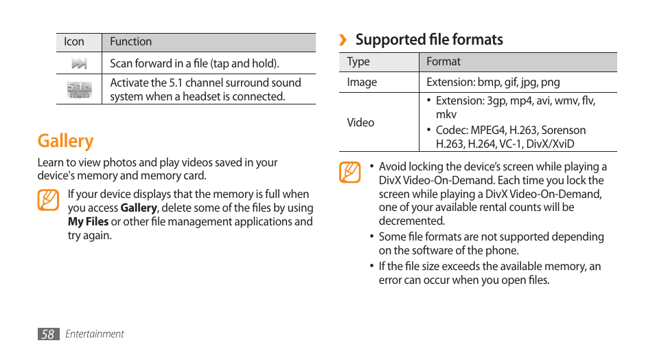 Gallery, Supported file formats | Samsung GALAXY S GT-I9000 User Manual | Page 58 / 132