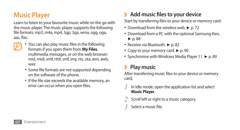 3music player, Add music files to your device, Play music | Samsung GALAXY S GT-I9000 User Manual | Page 60 / 132