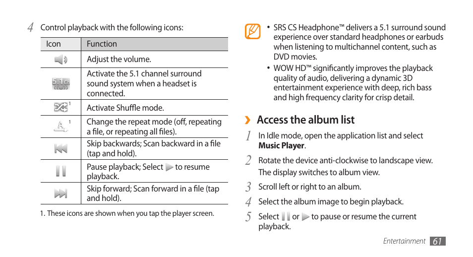 Access the album list | Samsung GALAXY S GT-I9000 User Manual | Page 61 / 132