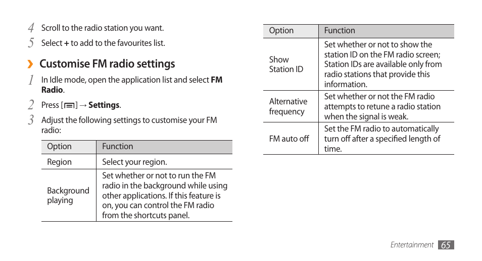 Customise fm radio settings | Samsung GALAXY S GT-I9000 User Manual | Page 65 / 132