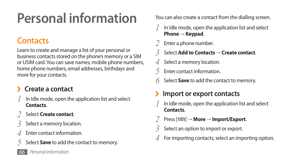 Personal information, Contacts | Samsung GALAXY S GT-I9000 User Manual | Page 66 / 132