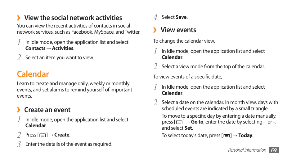 2calendar | Samsung GALAXY S GT-I9000 User Manual | Page 69 / 132