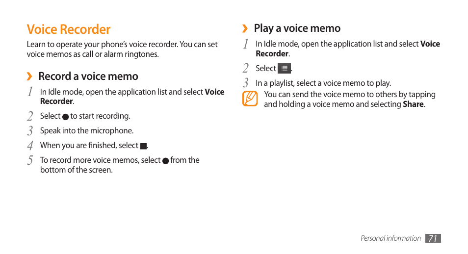 Voice recorder | Samsung GALAXY S GT-I9000 User Manual | Page 71 / 132